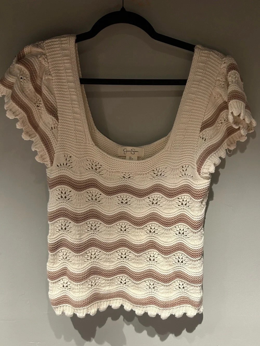 Jessica Simpson Cream and Taupe Crochet Scoop-Neck Crop Top